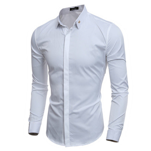 High Quality 2017 New Fashion Men Dress Shirt Metal Accesory Slim fit Design Casual Male shirts Leisure Long Sleeve shirt M-XXL