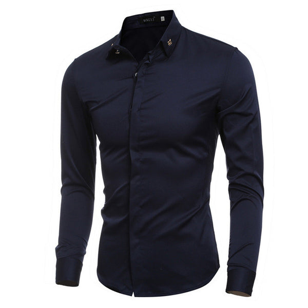 High Quality 2017 New Fashion Men Dress Shirt Metal Accesory Slim fit Design Casual Male shirts Leisure Long Sleeve shirt M-XXL